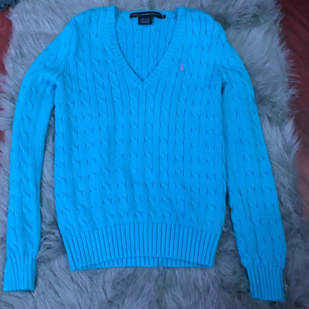 bright blue Ralph lauren sport v neck sweater with pink logo